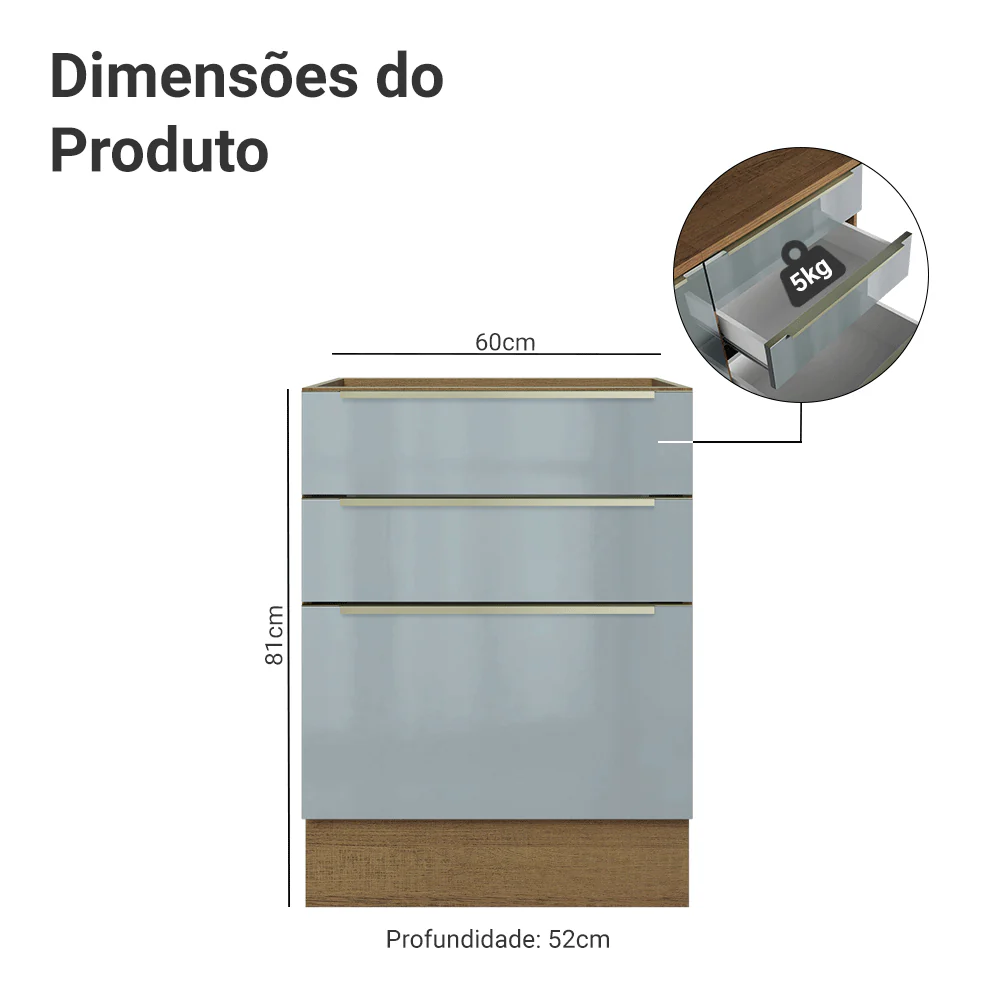 Balcão de Cozinha 60 cm 3 Gavetas (Sem Tampo) Rustic/Cinza Lux Madesa - Image 2