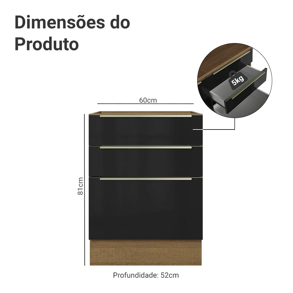 Balcão de Cozinha 60 cm 3 Gavetas (Sem Tampo) Rustic/Preto Lux Madesa - Image 2