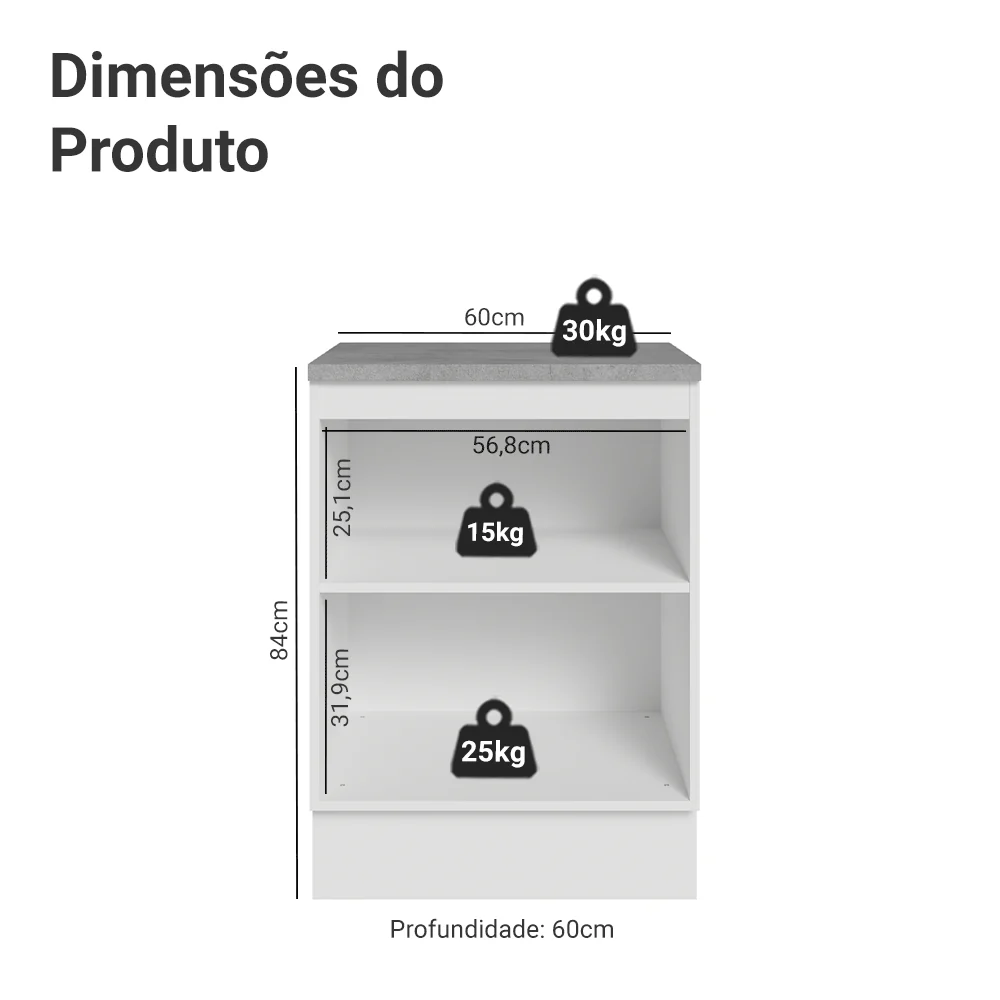 Balcão de Cozinha 60 x 60 cm 1 Porta (Com Tampo) Branco/Crema Vik Madesa - Image 2