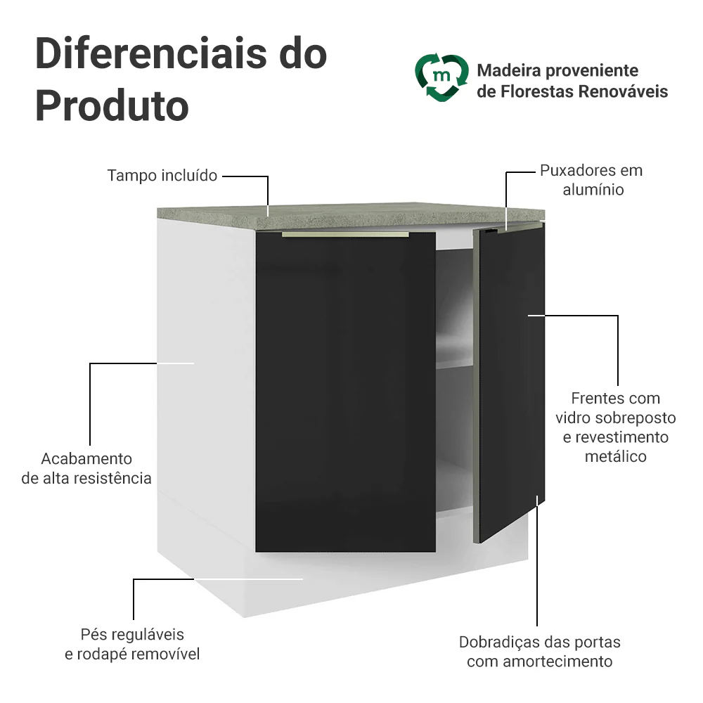 Balcão de Cozinha 70 cm 2 Portas Branco/Preto Lux Madesa - Image 3