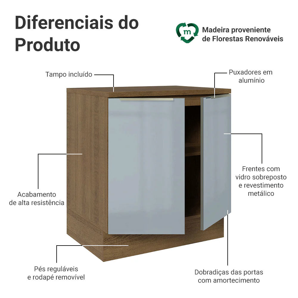 Balcão de Cozinha 70 cm 2 Portas Rustic/Cinza Lux Madesa - Image 3