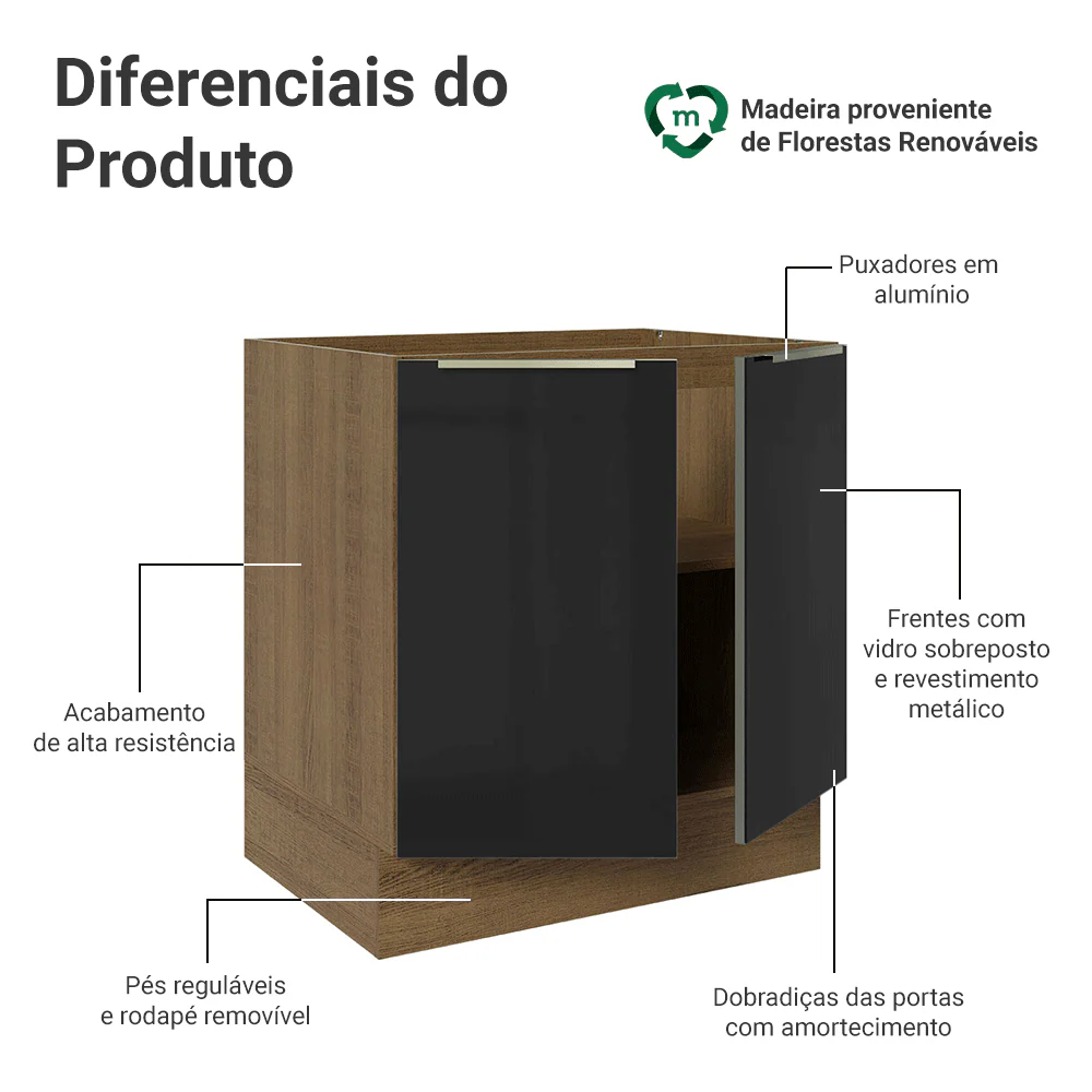 Balcão de Cozinha 70 cm 2 Portas (Sem Tampo) Rustic/Preto Lux Madesa - Image 3
