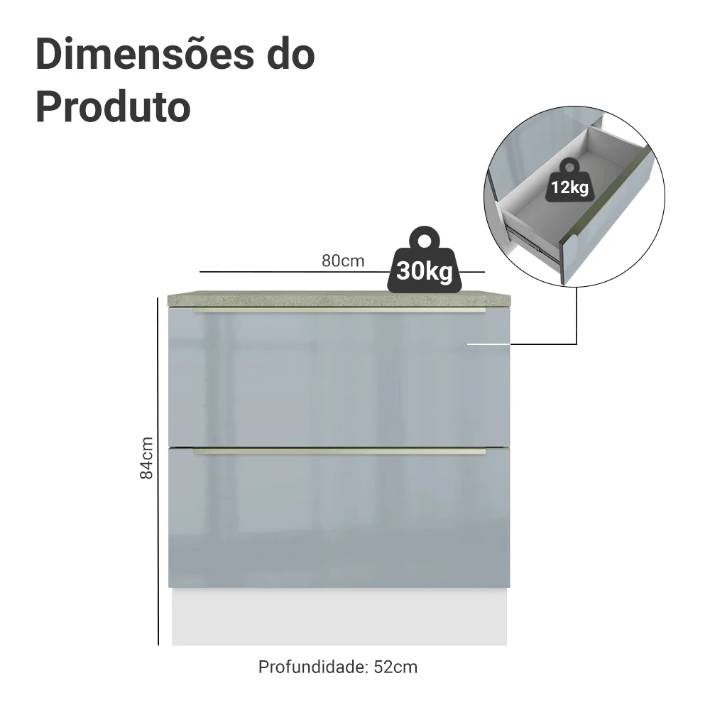 Balcão de Cozinha 80 cm 2 Gavetas Branco/Cinza Lux Madesa - Image 2