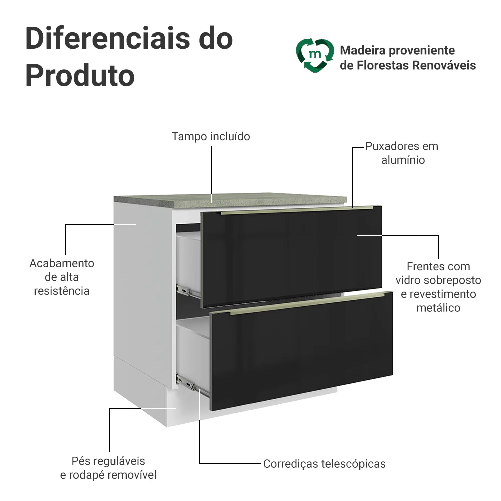 Balcão de Cozinha 80 cm 2 Gavetas Branco/Preto Lux Madesa - Image 3