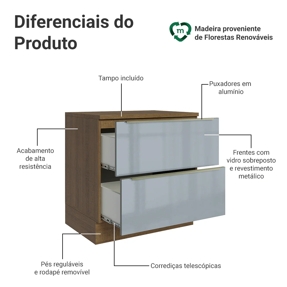 Balcão de Cozinha 80 cm 2 Gavetas Rustic/Cinza Lux Madesa - Image 3
