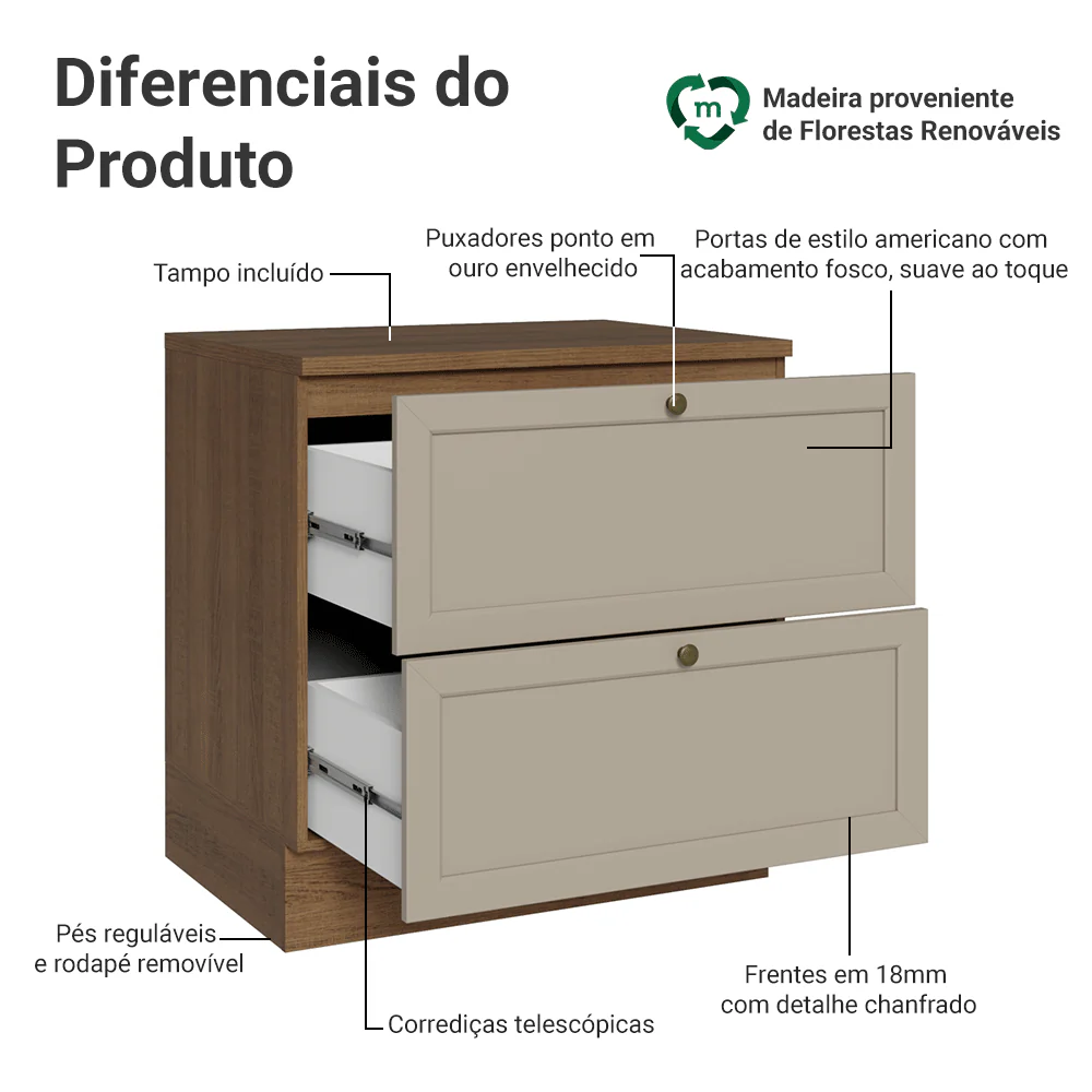Balcão de Cozinha 80 cm 2 Gavetas Rustic/Crema Vik Madesa - Image 3