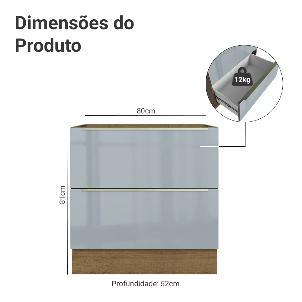 Balcão de Cozinha 80 cm 2 Gavetas (Sem Tampo) Rustic/Cinza Lux Madesa - Image 2