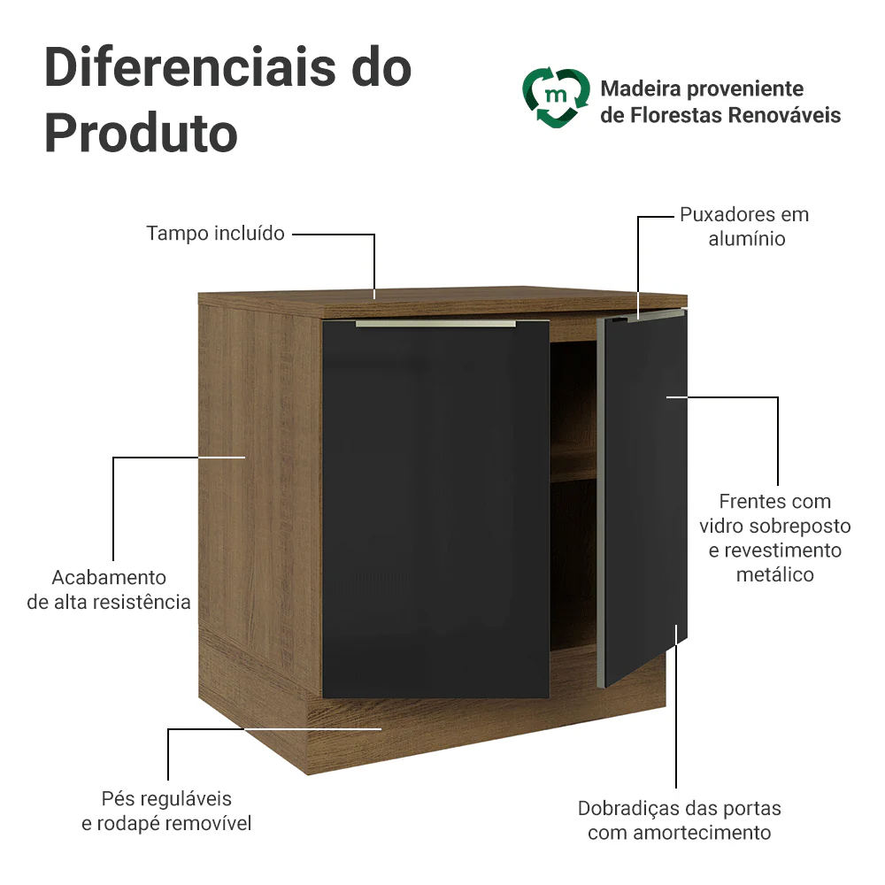 Balcão de Cozinha 80 cm 2 Portas Rustic/Preto Lux Madesa - Image 3
