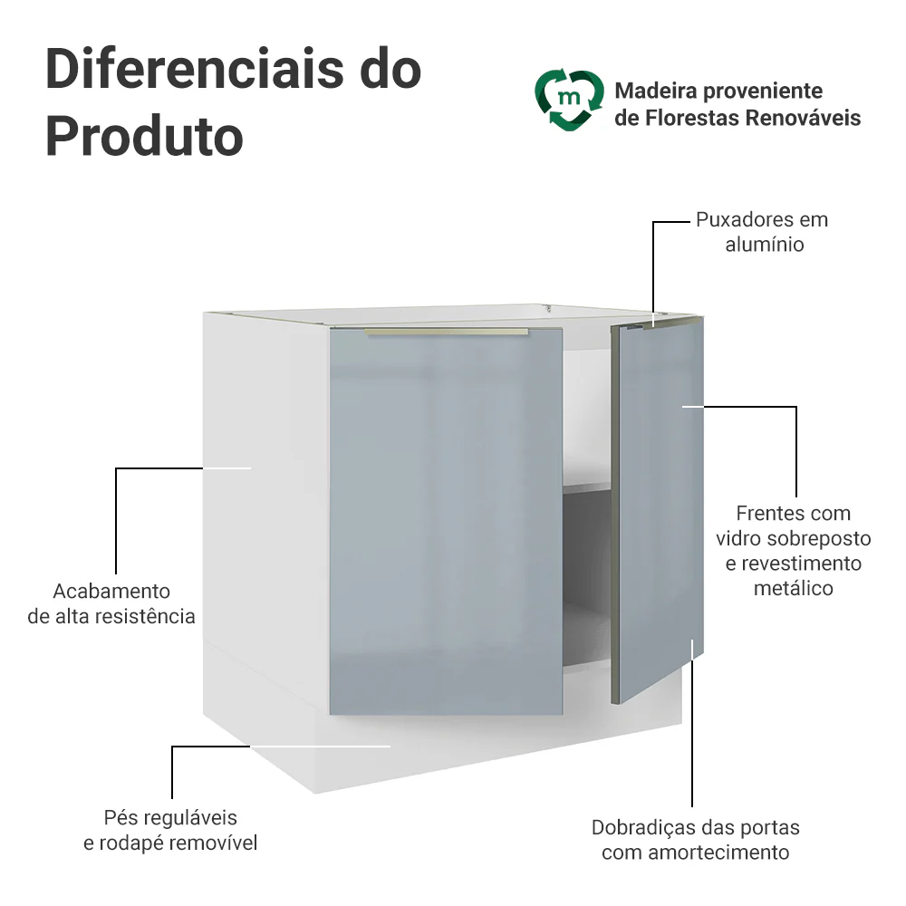 Balcão de Cozinha 80 cm 2 Portas (Sem Tampo) Branco/Cinza Lux Madesa - Image 3