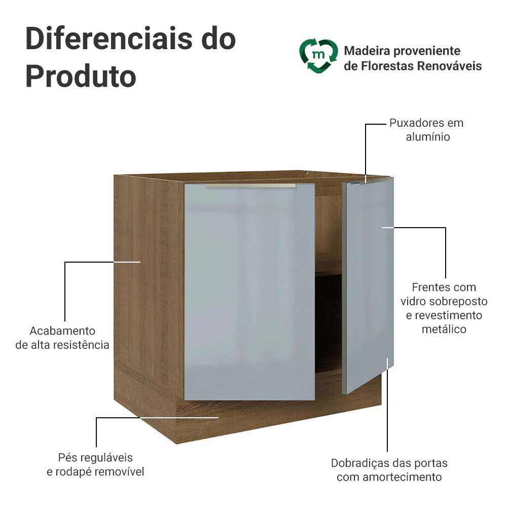 Balcão de Cozinha 80 cm 2 Portas (Sem Tampo) Rustic/Cinza Lux Madesa - Image 3