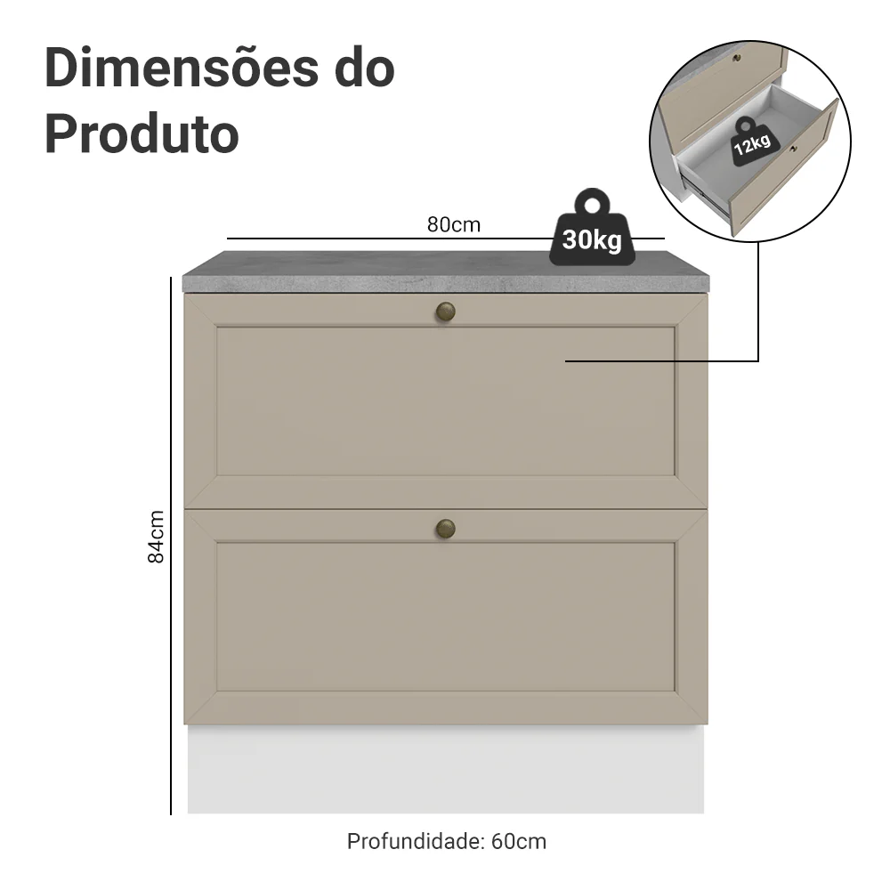 Balcão de Cozinha 80 x 60 cm 2 Gavetas (Com Tampo) Branco/Crema Vik Madesa - Image 2
