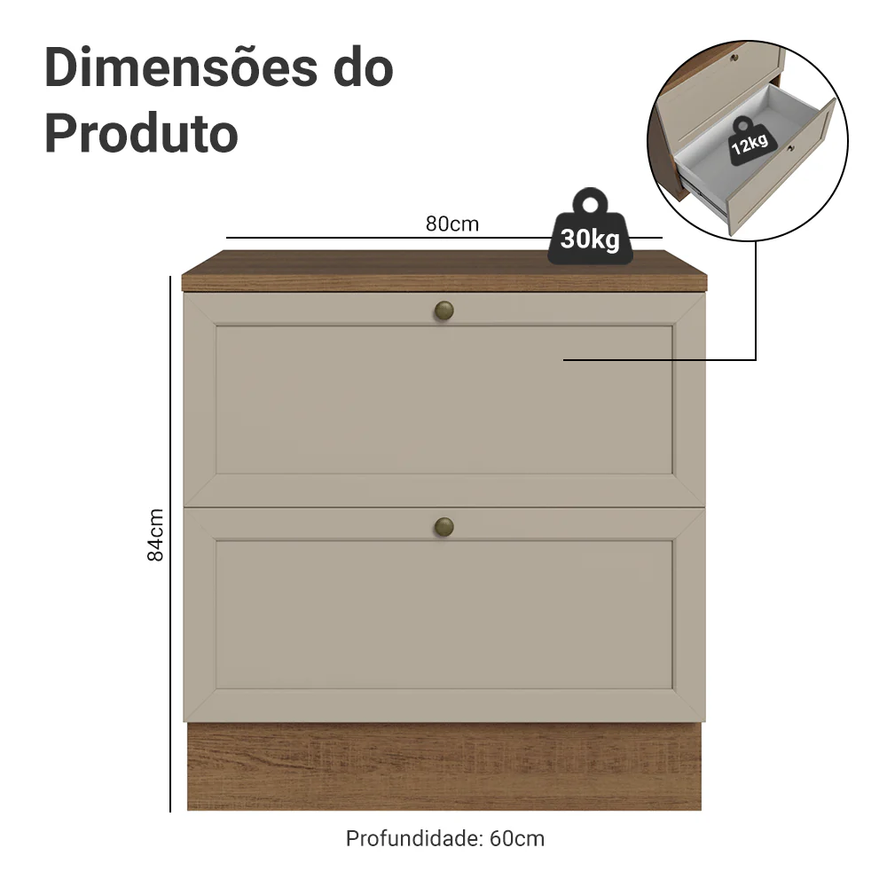 Balcão de Cozinha 80 x 60 cm 2 Gavetas (Com Tampo) Rustic/Crema Vik Madesa - Image 2