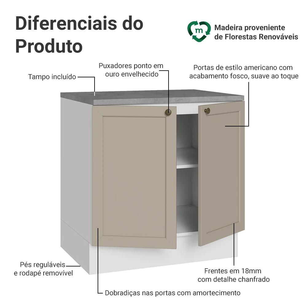 Balcão de Cozinha 80 x 60 cm 2 Portas (Com Tampo) Branco/Crema Vik Madesa - Image 3