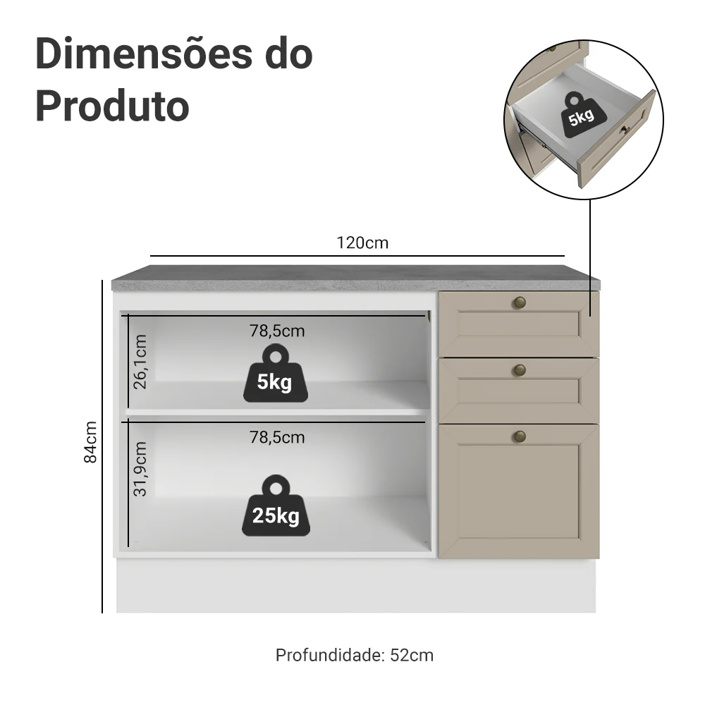 Balcão de Pia 120 cm 2 Portas 3 Gavetas (Com Tampo) Branco/Crema Vik Madesa - Image 2