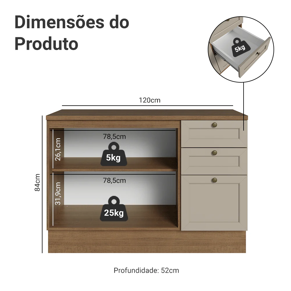 Balcão de Pia 120 cm 2 Portas 3 Gavetas (Com Tampo) Rustic/Crema Vik Madesa - Image 2