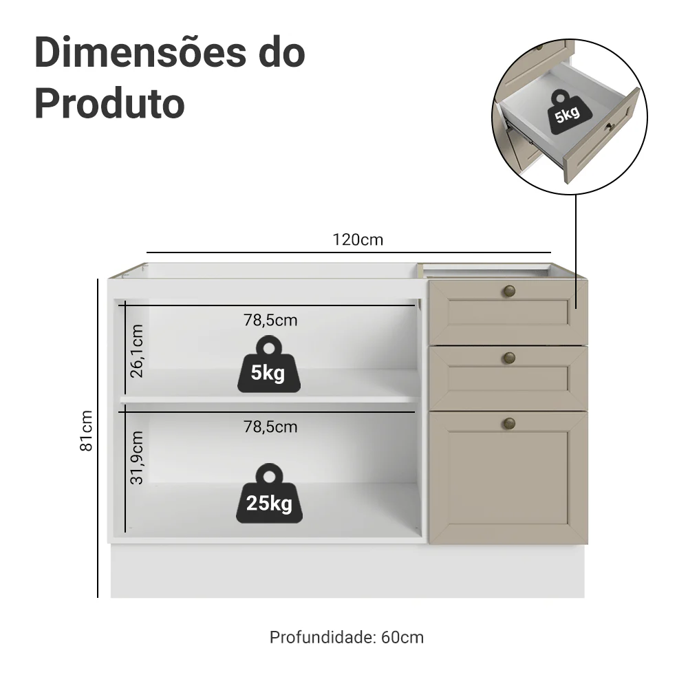 Balcão de Pia 120 x 60 cm 2 Portas 3 Gavetas (Sem Tampo) Branco/Crema Vik Madesa - Image 2