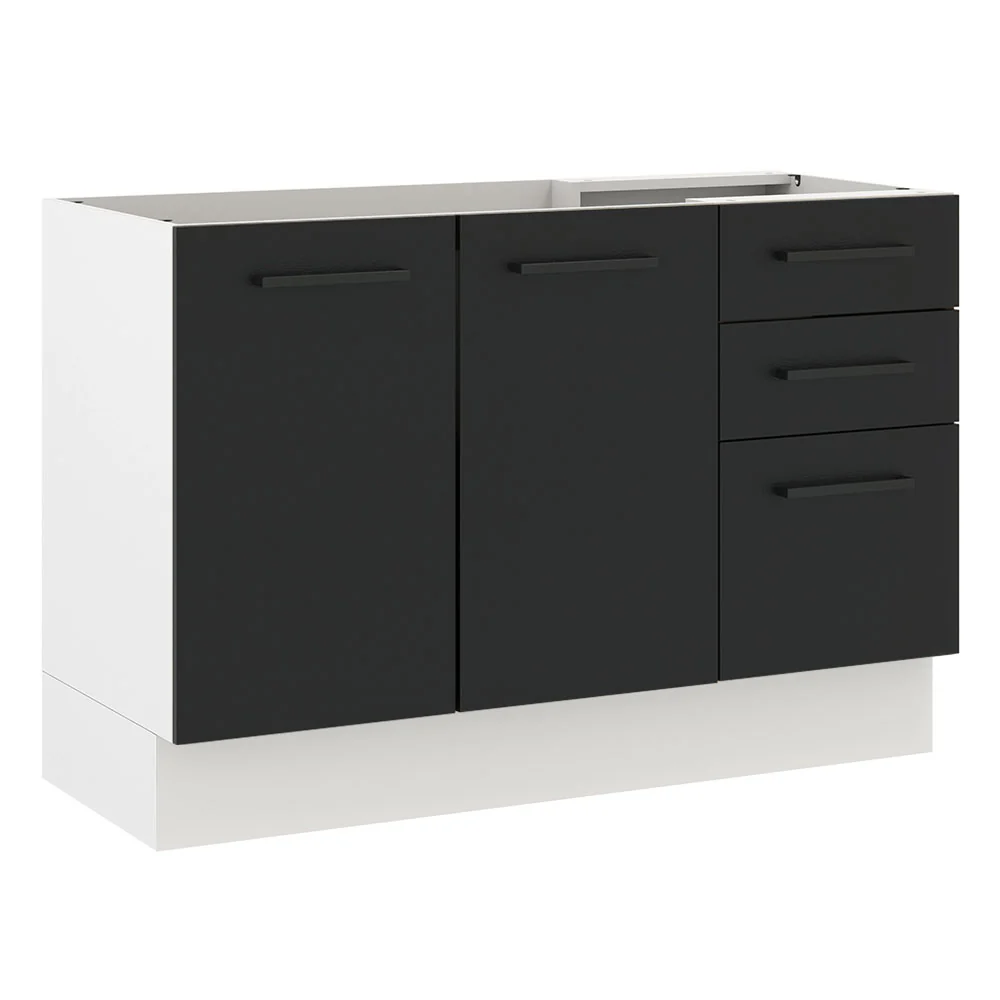 Balcão Gabinete de Pia Madesa Agata 2 Portas e 3 Gavetas (Sem Tampo e Pia) Branco/Preto
