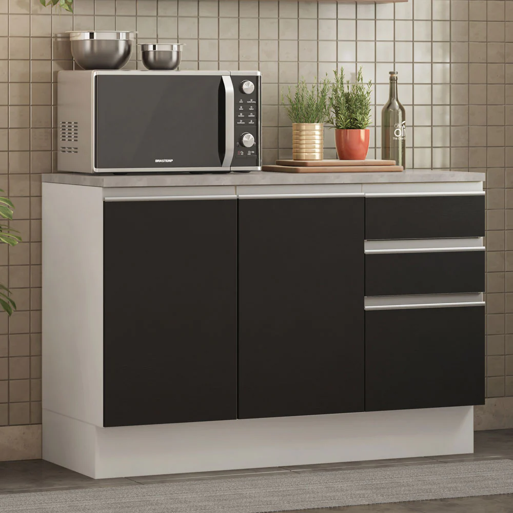 Balcão Madesa Glamy 120 cm 2 Portas e 3 Gavetas (Com Tampo) Branco/Preto - Image 2