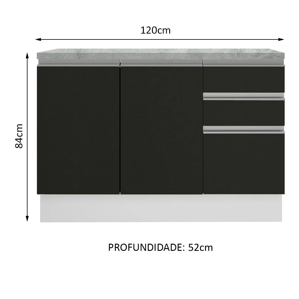 Balcão Madesa Glamy 120 cm 2 Portas e 3 Gavetas (Com Tampo) Branco/Preto - Image 3