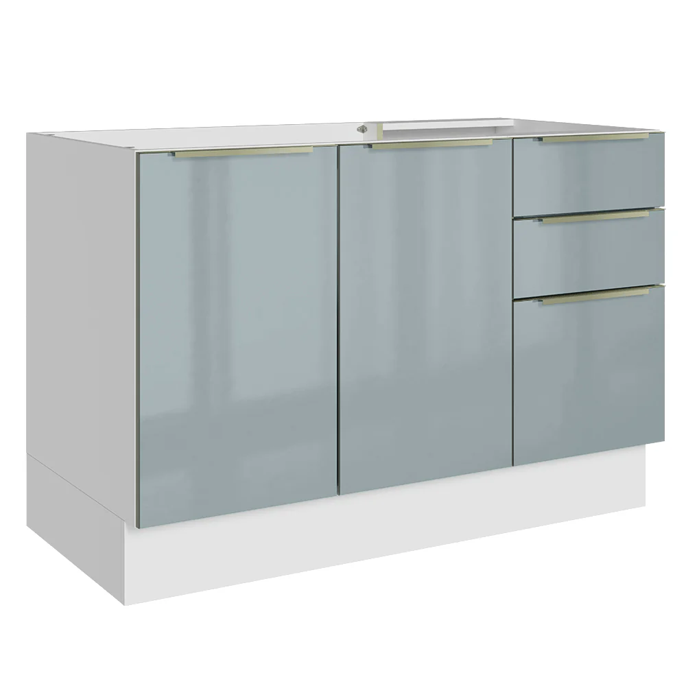 Balcão Gabinete de Pia 120 cm 2 Portas 3 Gavetas (Sem Tampo) Branco/Cinza Lux Madesa