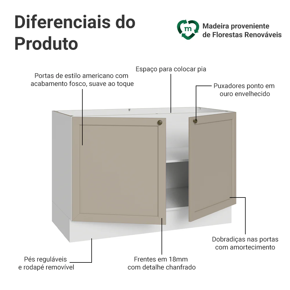 Balcão Gabinete de Pia 120 x 60 cm (Sem Tampo) Branco/Crema Vik Madesa - Image 3