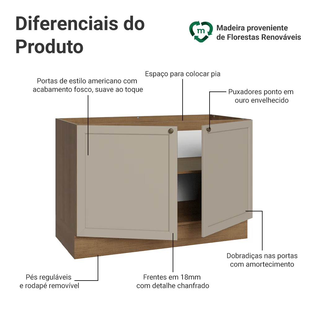 Balcão Gabinete de Pia 120 x 60 cm (Sem Tampo) Rustic/Crema Vik Madesa - Image 3