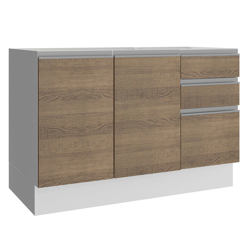 Balcão Gabinete de Pia Madesa Glamy 120 cm 2 Portas e 3 Gavetas (Sem Tampo e Pia) Branco/Rustic