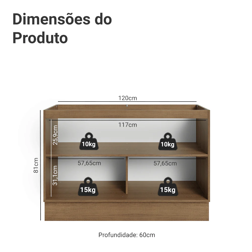 Balcão Gabinete de Pia 120 x 60 cm 2 Portas (Sem Tampo) Rustic/Preto Lux Madesa - Image 2