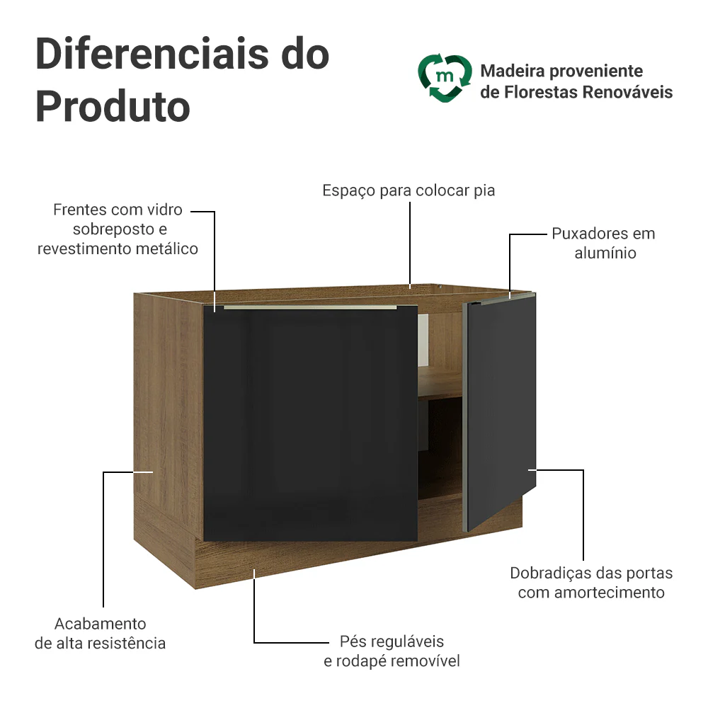 Balcão Gabinete de Pia 120 x 60 cm 2 Portas (Sem Tampo) Rustic/Preto Lux Madesa - Image 3