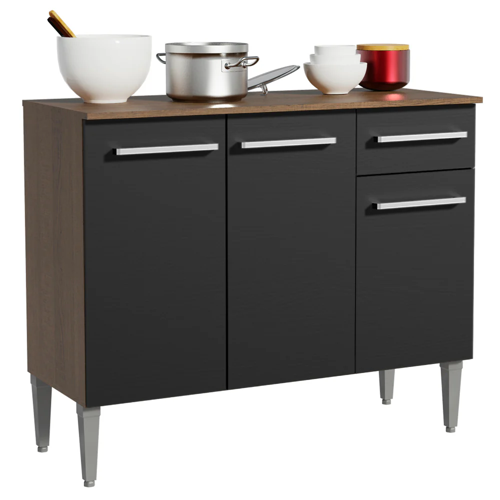 Balcão Gabinete Madesa Emilly 3 Portas e 1 Gaveta Rustic/Preto