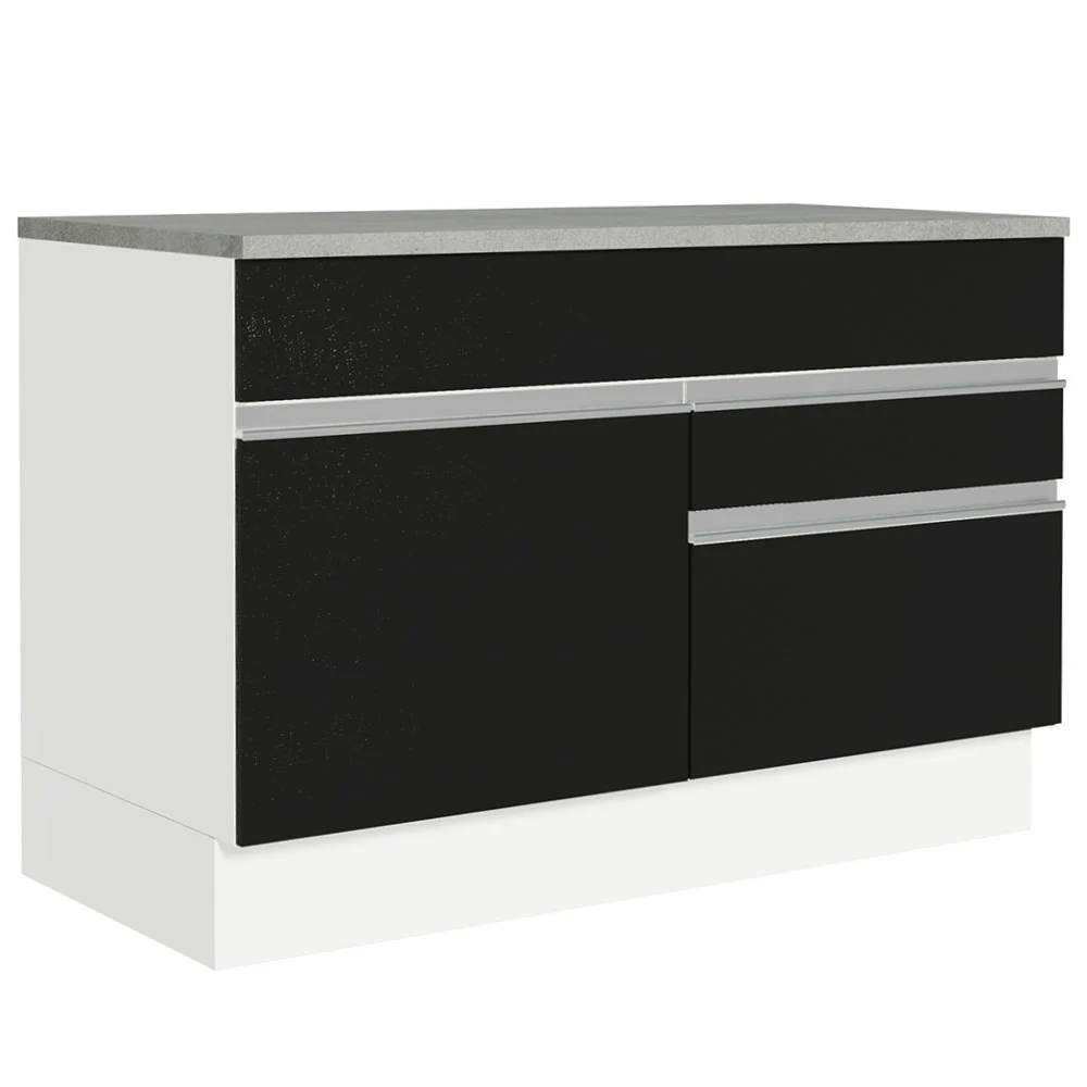 Balcão Gabinete 120 x 60 cm 1 Porta 2 Gavetas Branco/Preto (Com Tampo) Glamy Madesa
