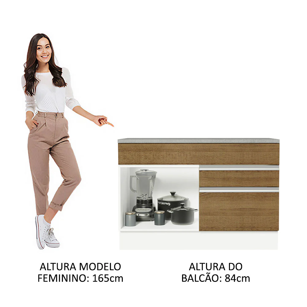 Balcão Gabinete 120 x 60 cm 1 Porta 2 Gavetas Branco/Rustic (Com Tampo) Glamy Madesa - Image 4