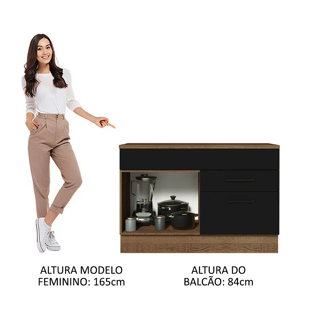 Balcão Gabinete 120 x 60 cm 1 Porta 2 Gavetas Rustic/Preto (Com Tampo) Agata Madesa - Image 4