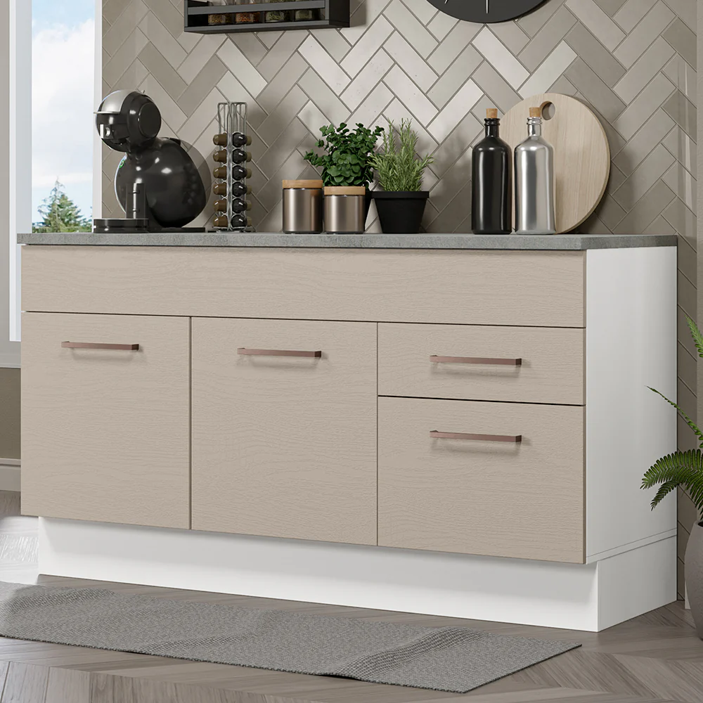 Balcão Gabinete 150 cm 2 Gavetas 2 Portas (Com Tampo) Branco/Crema Agata Madesa
