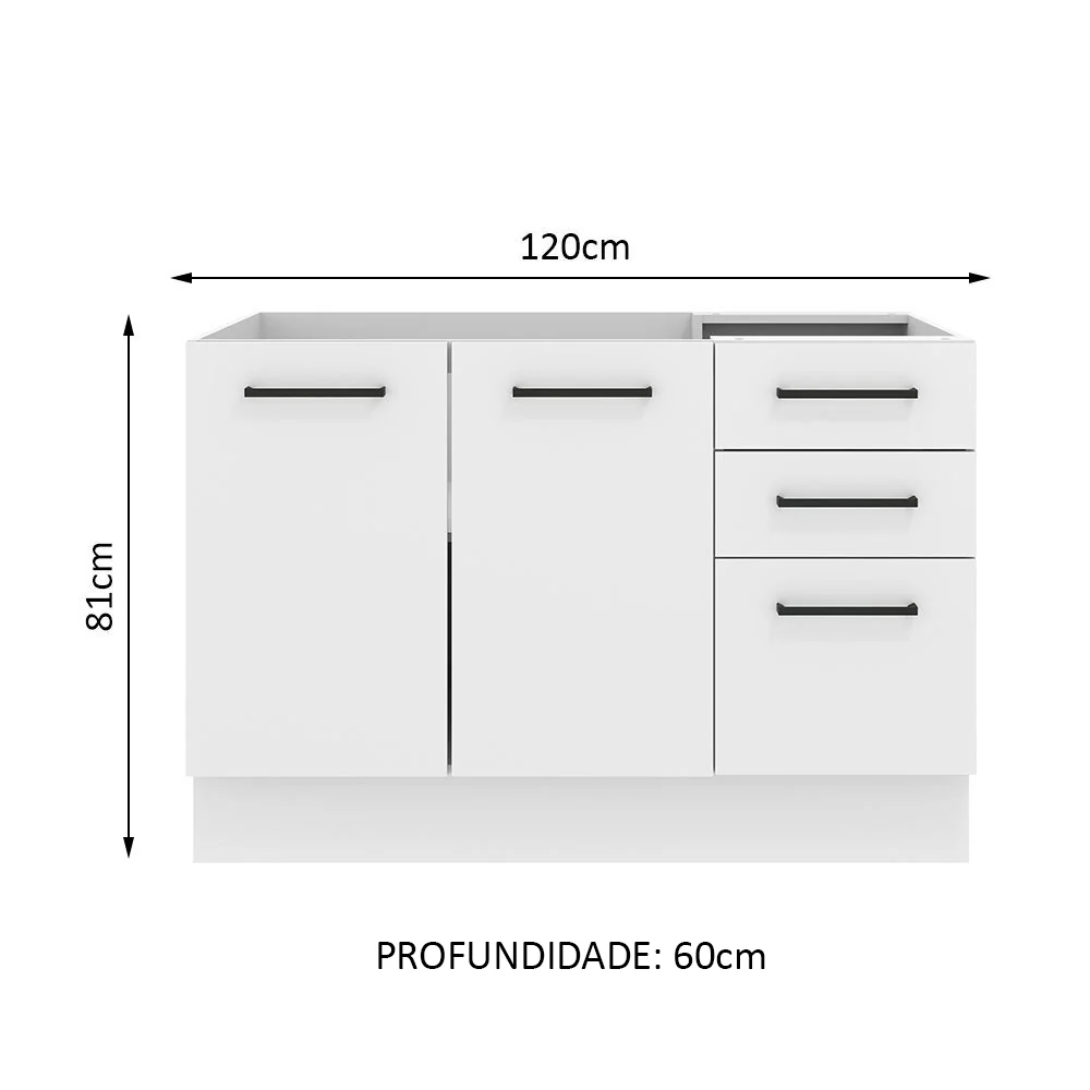 Balcão Gabinete de Pia Madesa Agata 120 x 60 cm 2 Portas e 3 Gavetas (Sem Tampo) Branco - Image 2