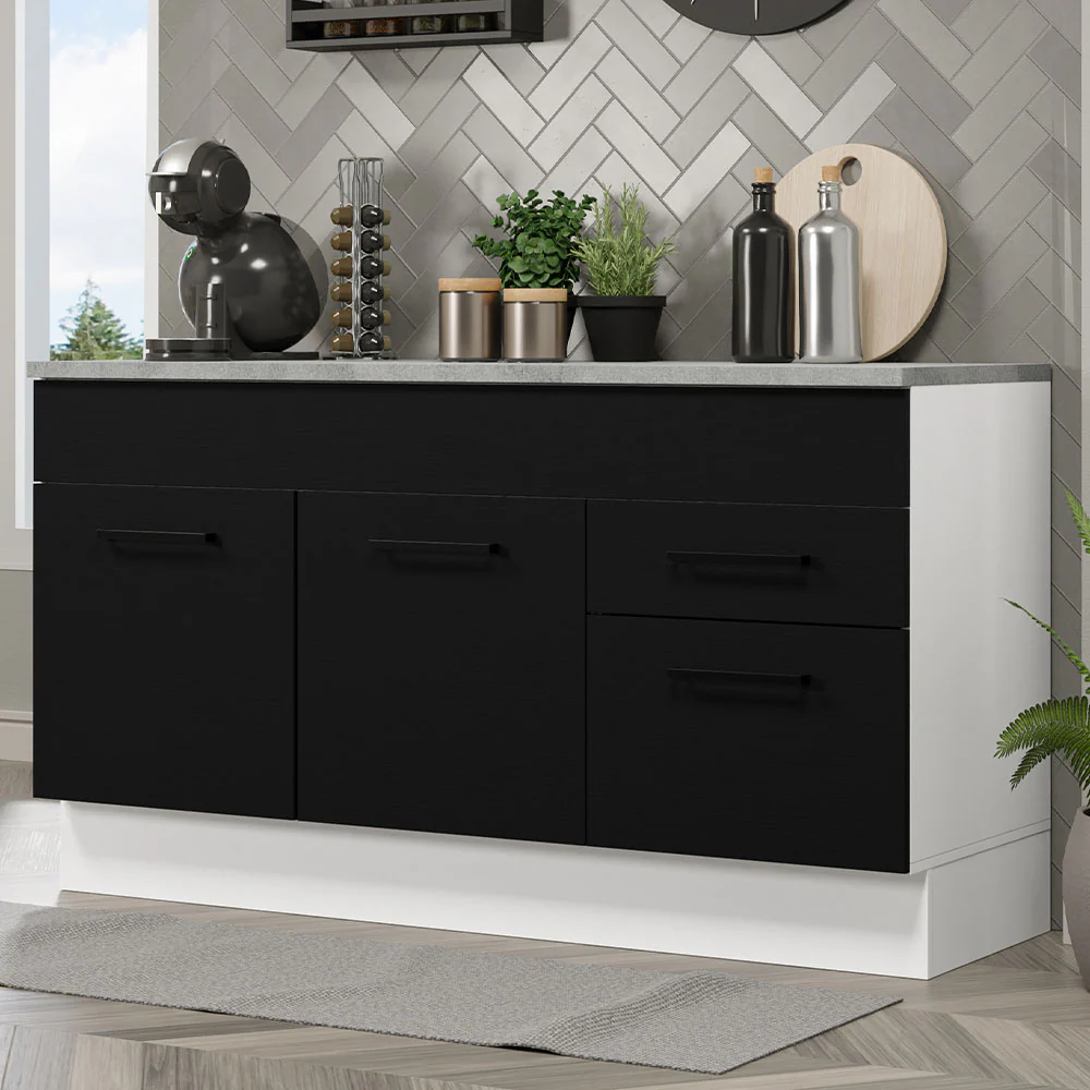 Balcão Gabinete Madesa Agata 150 cm 2 Gavetas 2 Portas (Com Tampo) Branco/Preto