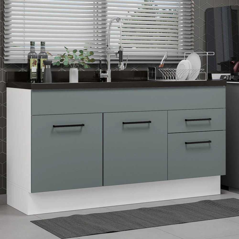 Balcão Gabinete de Pia Madesa Agata 150 cm 2 Portas e 2 Gavetas (Sem Tampo e Pia) Branco/Cinza