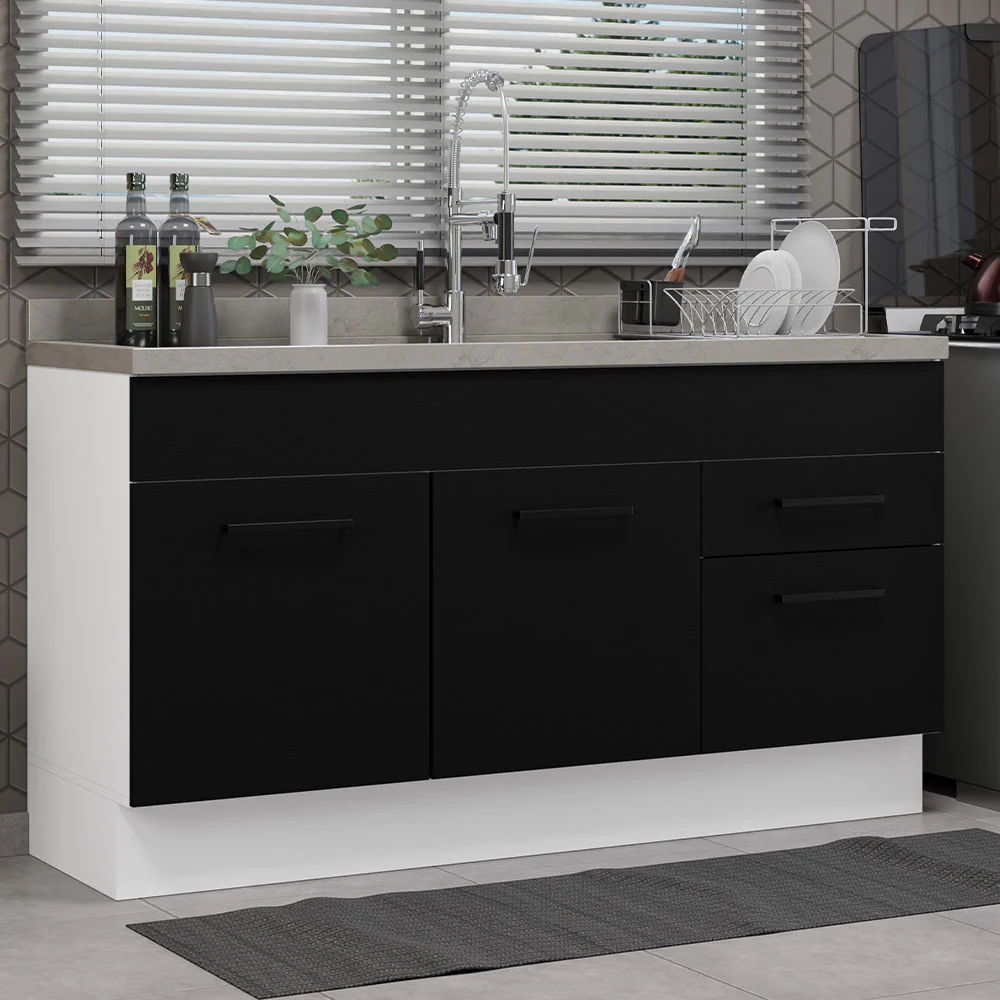 Balcão Gabinete de Pia Madesa Agata 150 cm 2 Portas e 2 Gavetas (Sem Tampo e Pia) Branco/Preto