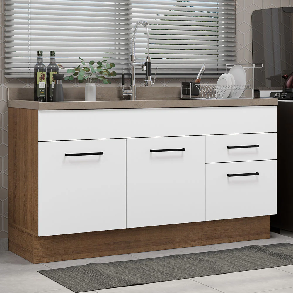 Balcão Gabinete de Pia Madesa Agata 150 cm 2 Portas e 2 Gavetas (Sem Tampo e Pia) Rustic/Branco
