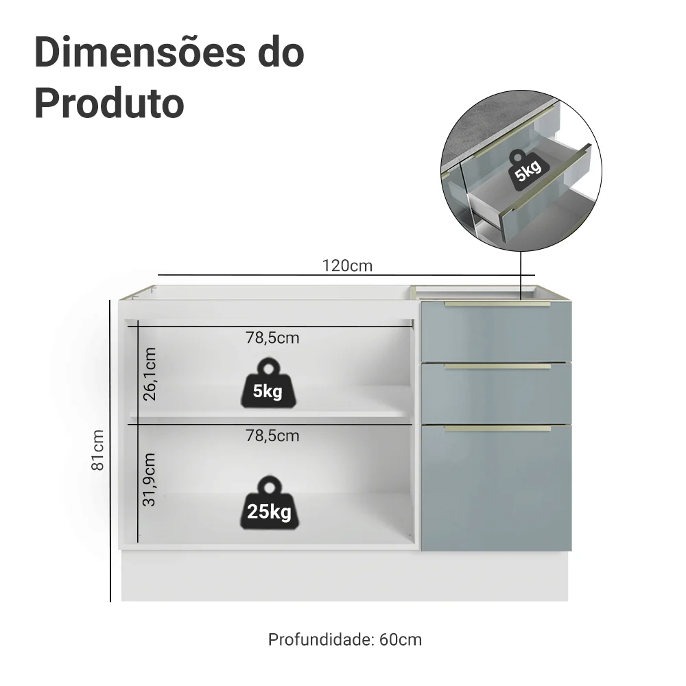 Balcão Gabinete de Pia 120 x 60 cm 2 Portas 3 Gavetas (Sem Tampo) Branco/Cinza Lux Madesa - Image 2