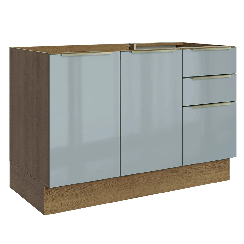 Balcão Gabinete de Pia 120 x 60 cm 2 Portas 3 Gavetas (Sem Tampo) Rustic/Cinza Lux Madesa