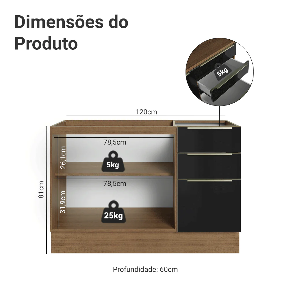 Balcão Gabinete de Pia 120 x 60 cm 2 Portas 3 Gavetas (Sem Tampo) Rustic/Preto Lux Madesa - Image 2