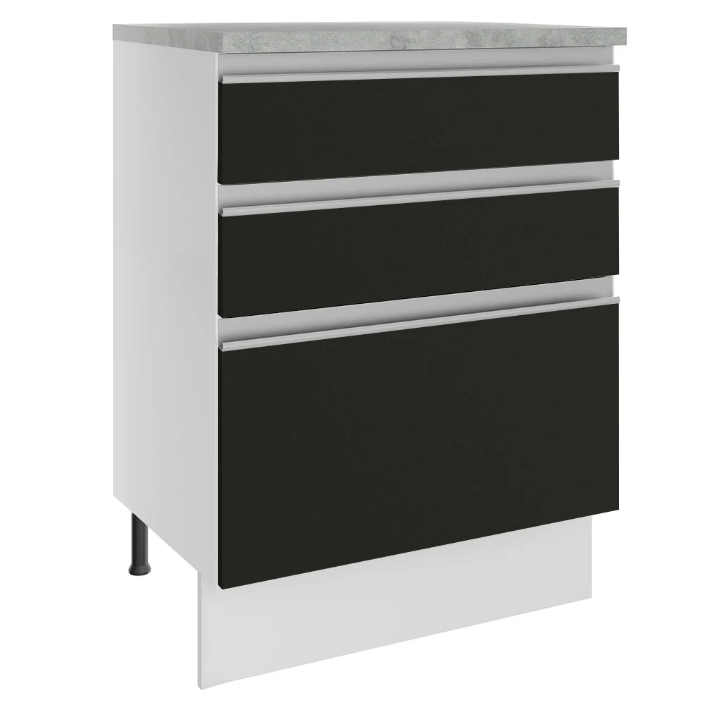 Balcão Madesa Glamy 60 x 60 cm 3 Gavetas (Com Tampo) Branco/Preto