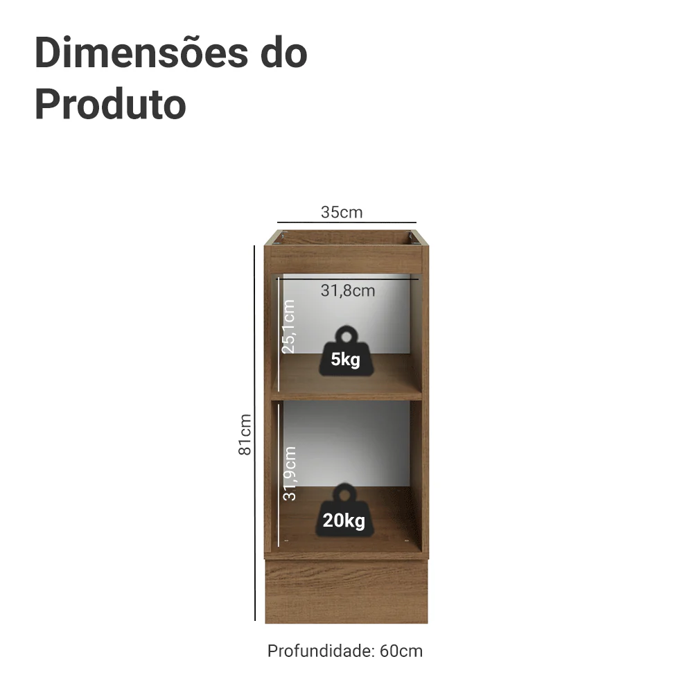 Balcão de Cozinha 35 x 60 cm 1 Porta (Sem Tampo) Rustic/Branco Veludo Lux Madesa - Image 2