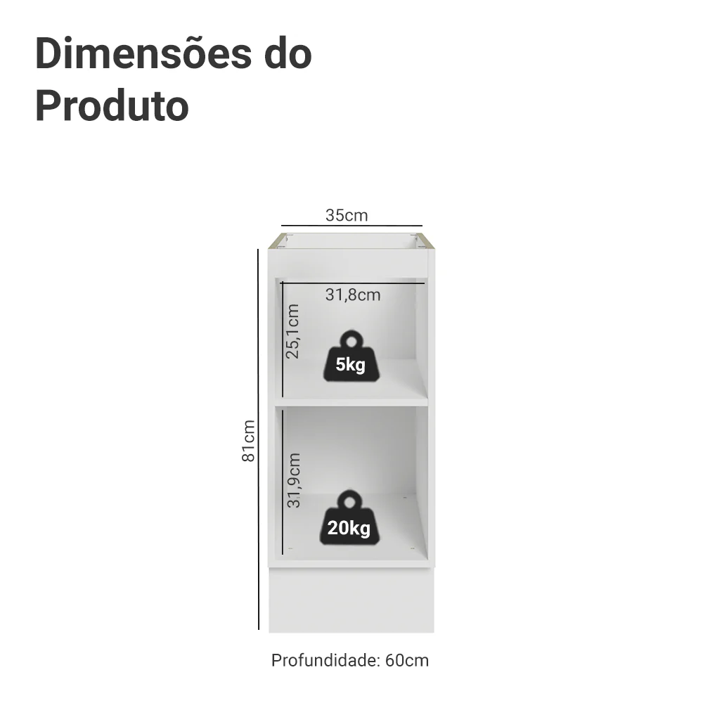 Balcão de Cozinha 35 x 60 cm 1 Porta (Sem Tampo) Branco/Cinza Lux Madesa - Image 2