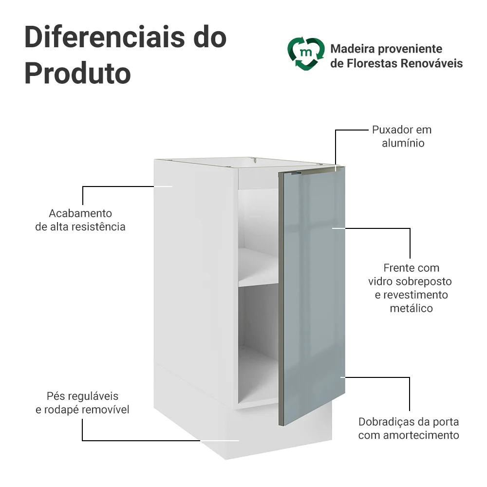Balcão de Cozinha 35 x 60 cm 1 Porta (Sem Tampo) Branco/Cinza Lux Madesa - Image 3