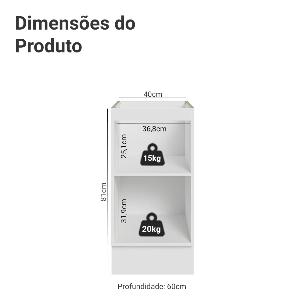 Balcão de Cozinha 40 x 60 cm 1 Porta (Sem Tampo) Branco/Branco Veludo Lux Madesa - Image 2
