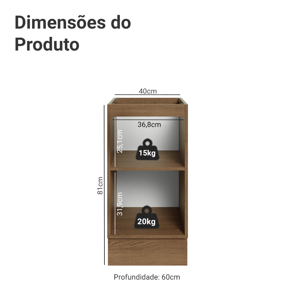 Balcão de Cozinha 40 x 60 cm 1 Porta (Sem Tampo) Rustic/Branco Veludo Lux Madesa - Image 2