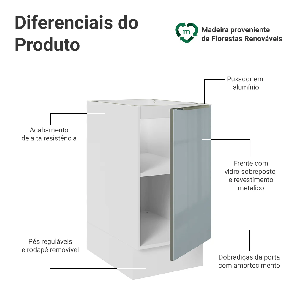 Balcão de Cozinha 40 x 60 cm 1 Porta (Sem Tampo) Branco/Cinza Lux Madesa - Image 3