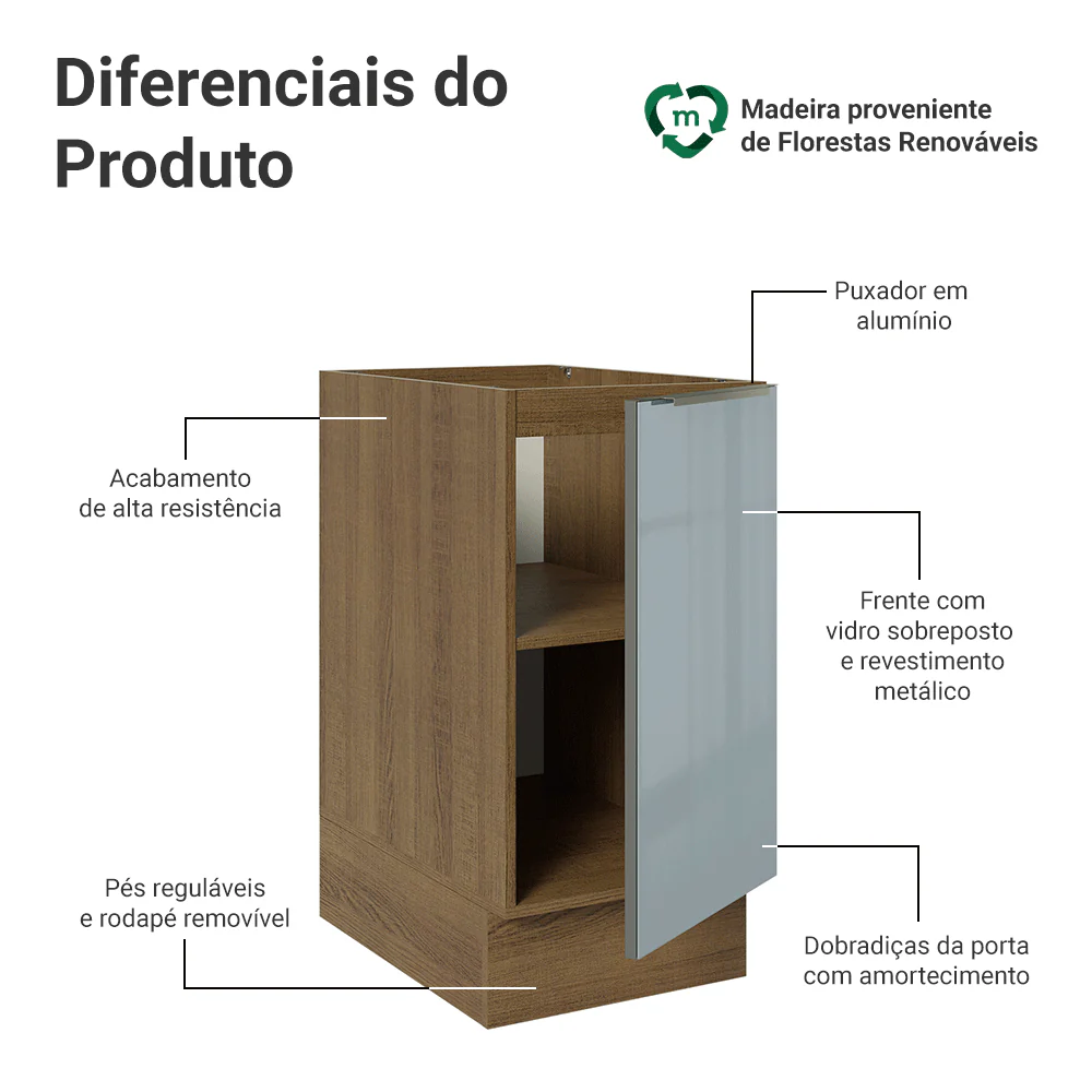 Balcão de Cozinha 40 x 60 cm 1 Porta (Sem Tampo) Rustic/Cinza Lux Madesa - Image 3